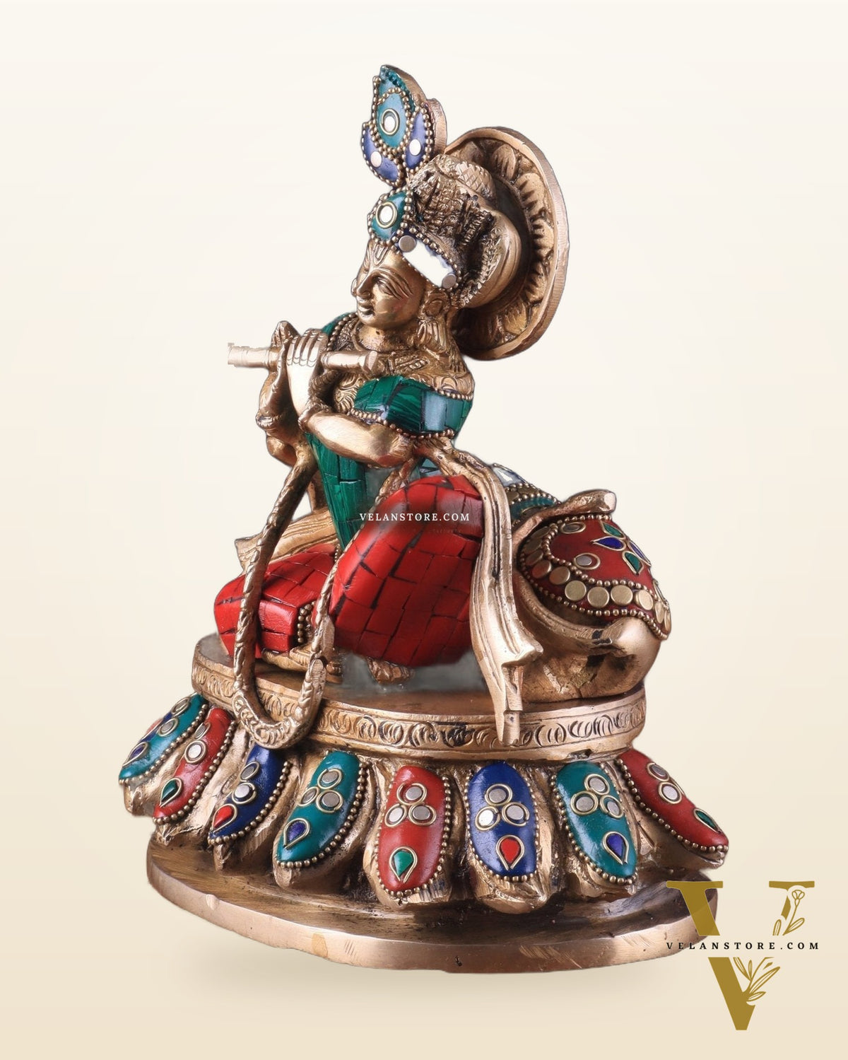Lord krishna seated with cow brass idol with stonework 7.5 inch stonework