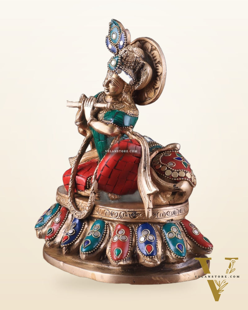 Lord krishna seated with cow brass idol with stonework 7.5 inch stonework