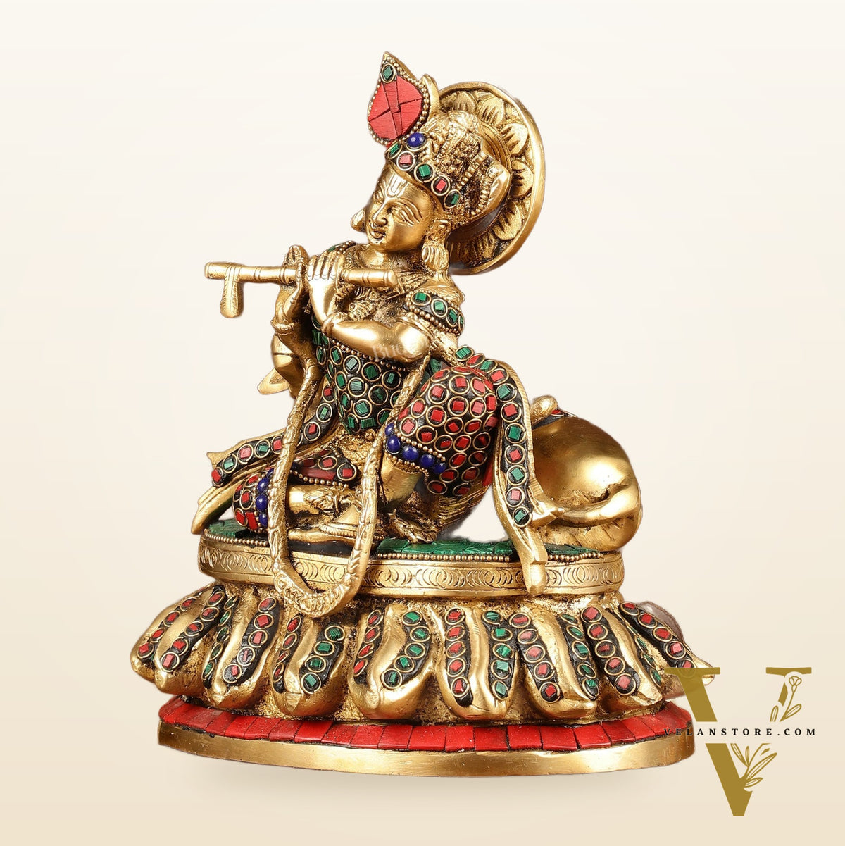 Lord krishna seated with cow brass idol with stonework 7.5 inch