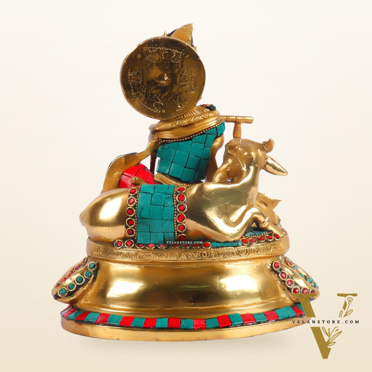 Lord krishna seated with cow brass idol with stonework 7.5 inch