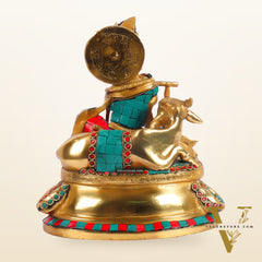 Lord krishna seated with cow brass idol with stonework 7.5 inch