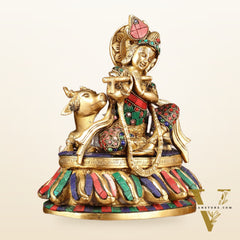 Lord krishna seated with cow brass idol with stonework 7.5 inch