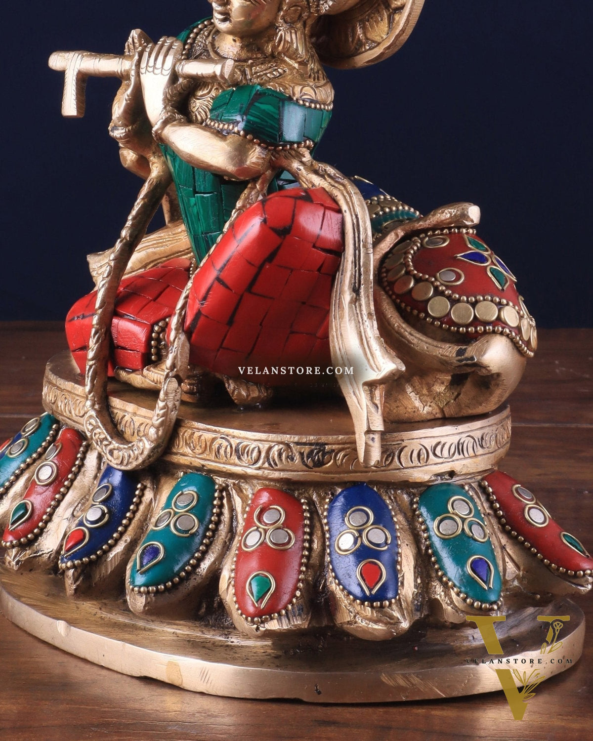 Lord krishna seated with cow brass idol with stonework 7.5 inch stonework