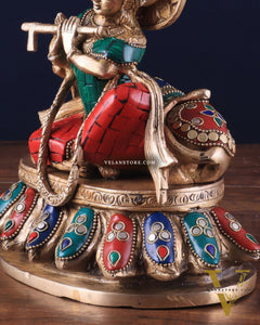 Lord krishna seated with cow brass idol with stonework 7.5 inch stonework