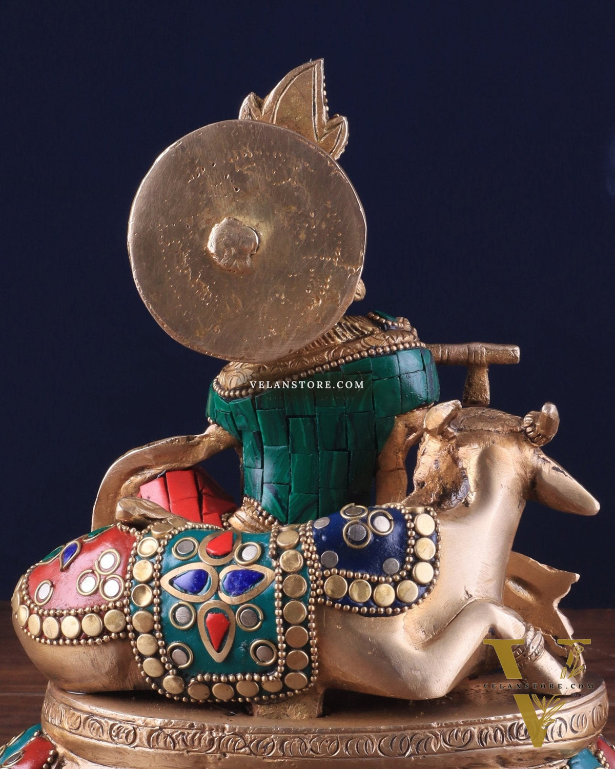 Lord krishna seated with cow brass idol with stonework 7.5 inch stonework