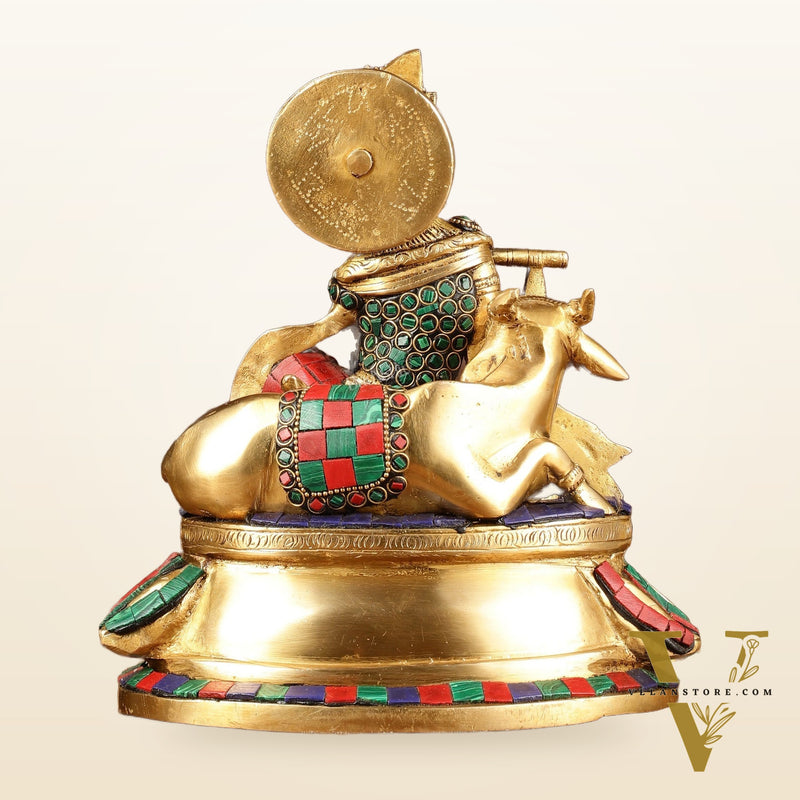 Lord krishna seated with cow brass idol with stonework 7.5 inch