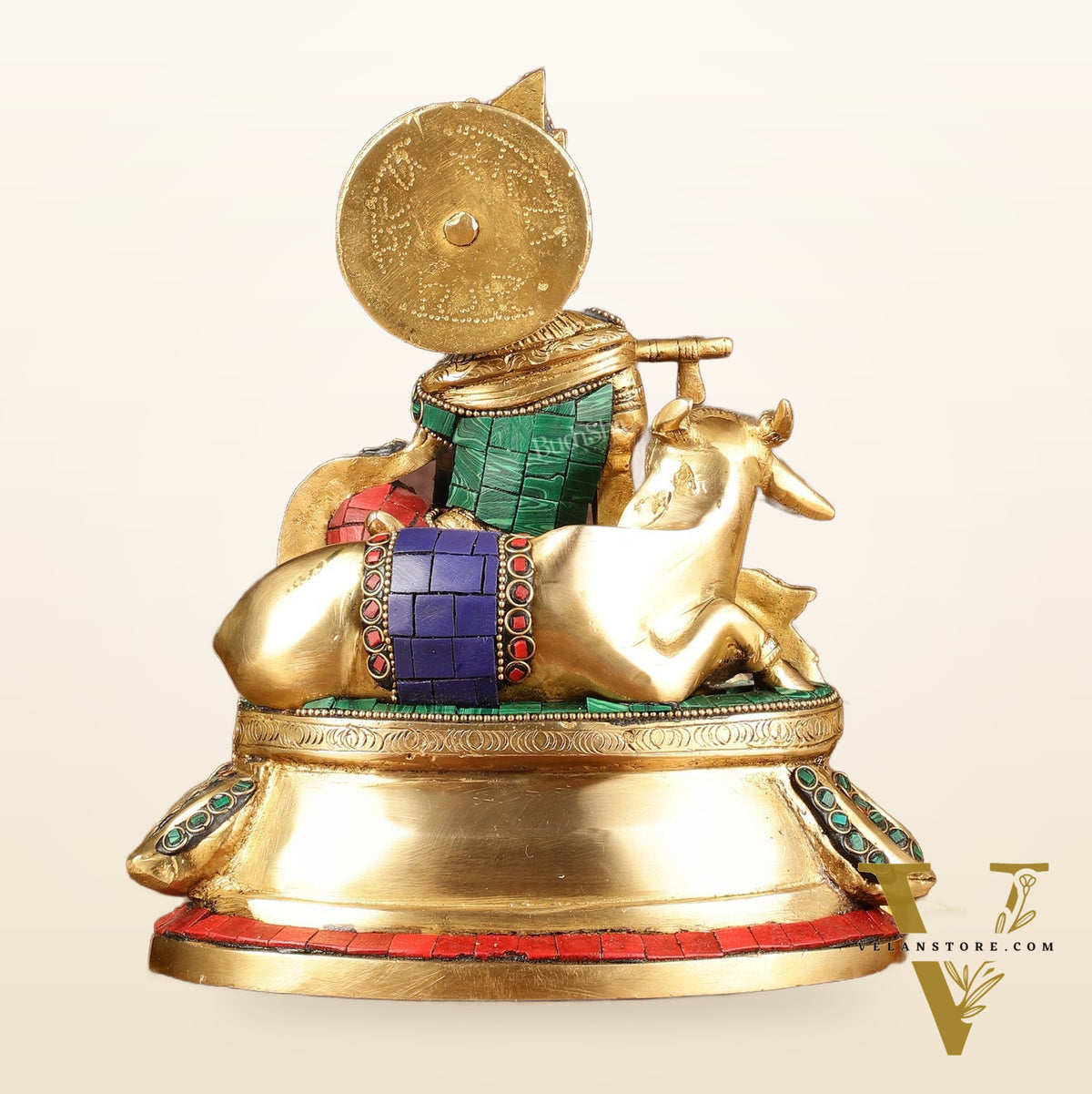 Lord krishna seated with cow brass idol with stonework 7.5 inch