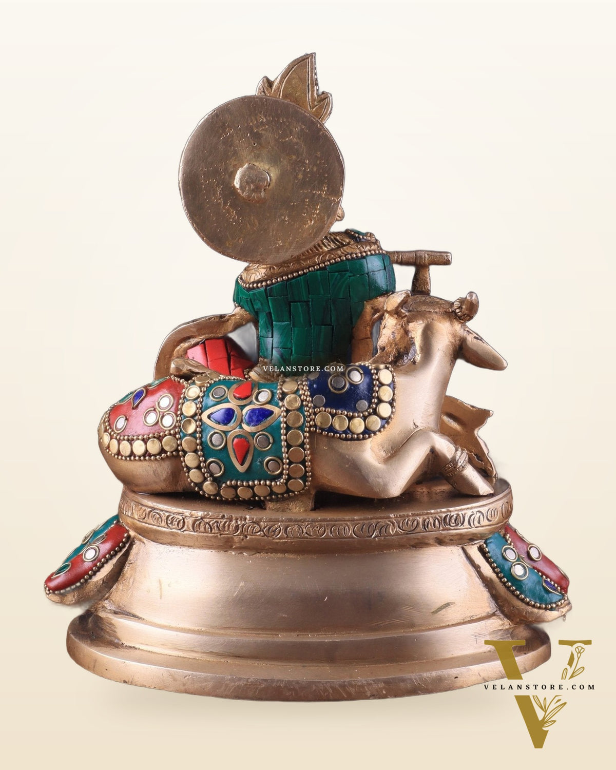 Lord krishna seated with cow brass idol with stonework 7.5 inch stonework