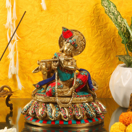 Lord krishna seated with cow brass idol with stonework 7.5 inch