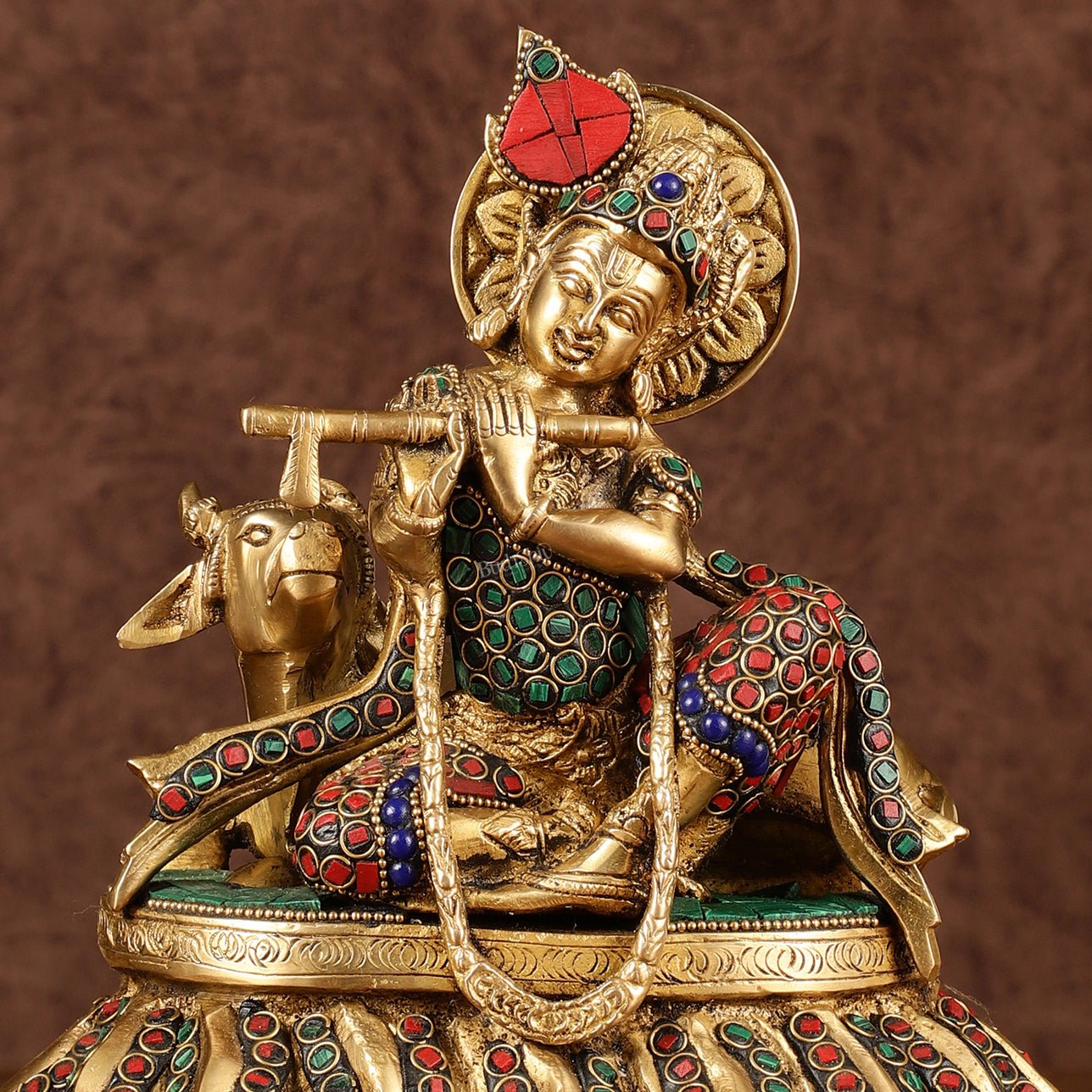 Lord krishna seated with cow brass idol with stonework 7.5 inch