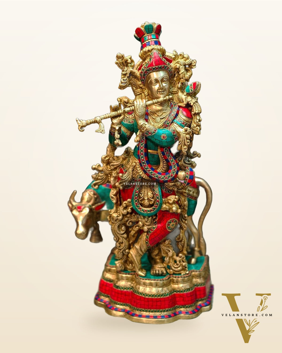 Lord Krishna with Cow Brass Idol - Meenakari Adornments, 26.5" Tall, 26kg