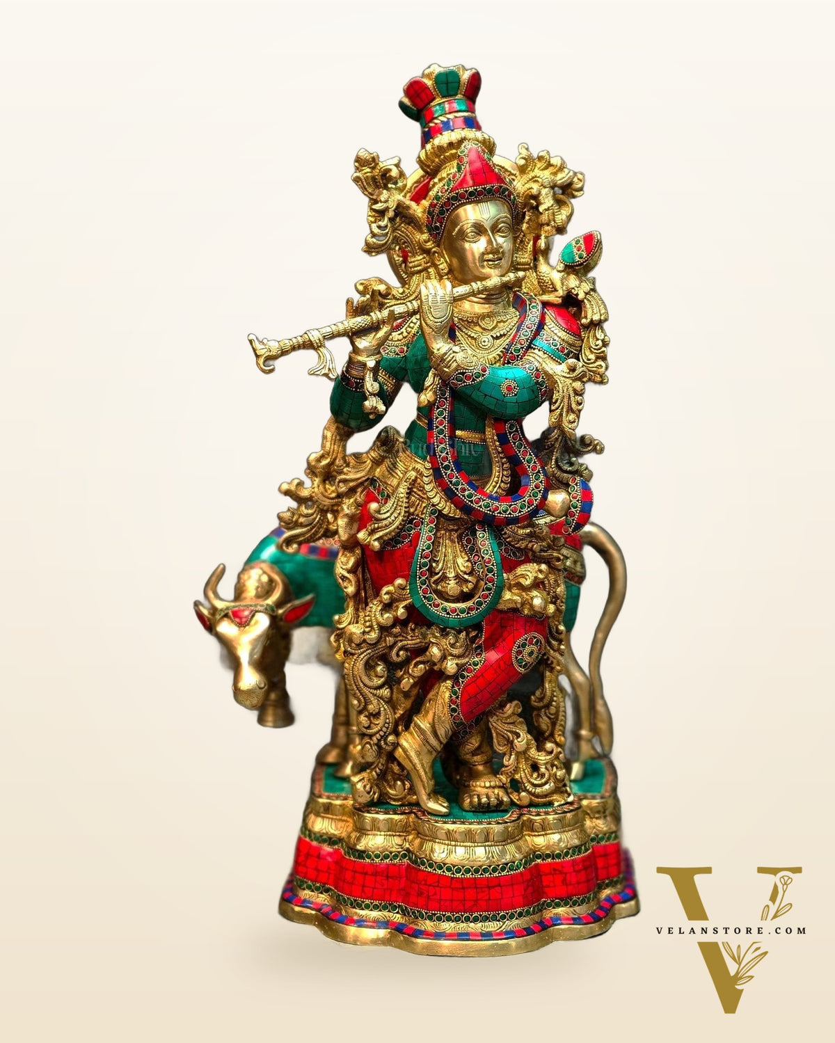 Lord Krishna with Cow Brass Idol - Meenakari Adornments, 26.5" Tall, 26kg