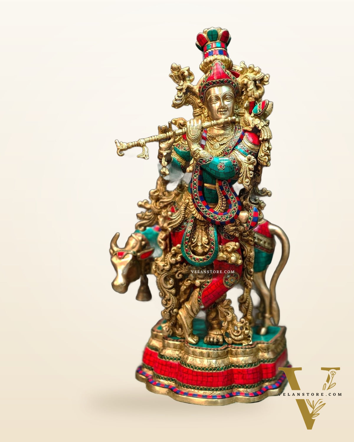 Lord Krishna with Cow Brass Idol - Meenakari Adornments, 26.5" Tall, 26kg