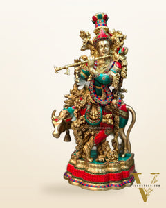 Lord Krishna with Cow Brass Idol - Meenakari Adornments, 26.5" Tall, 26kg