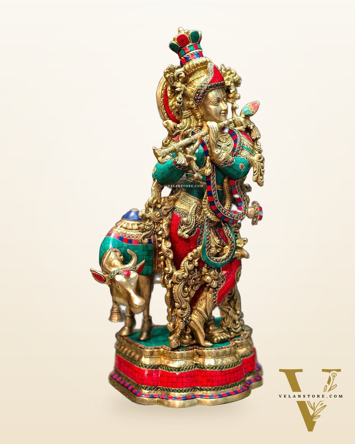 Lord Krishna with Cow Brass Idol - Meenakari Adornments, 26.5" Tall, 26kg