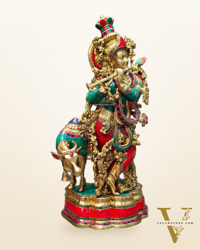 Lord Krishna with Cow Brass Idol - Meenakari Adornments, 26.5" Tall, 26kg