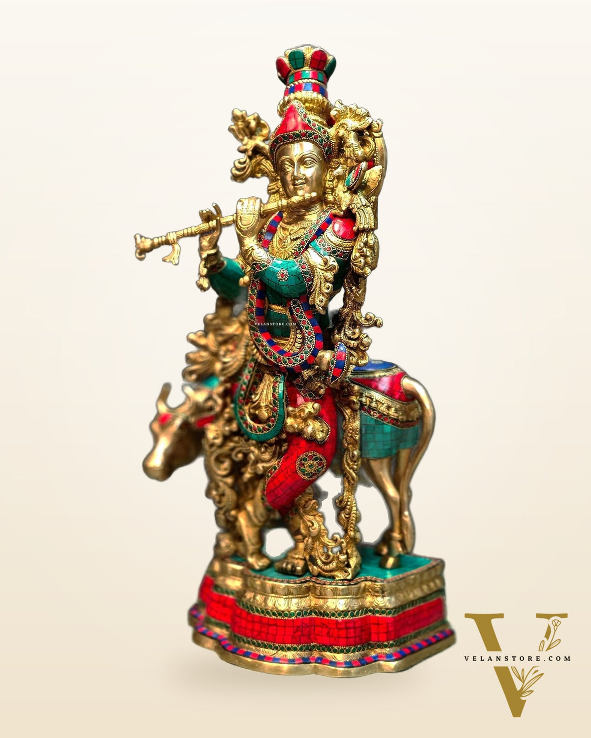 Lord Krishna with Cow Brass Idol - Meenakari Adornments, 26.5" Tall, 26kg