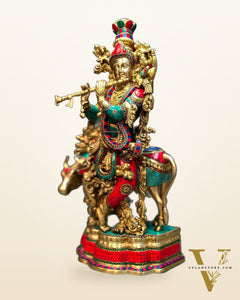 Lord Krishna with Cow Brass Idol - Meenakari Adornments, 26.5" Tall, 26kg