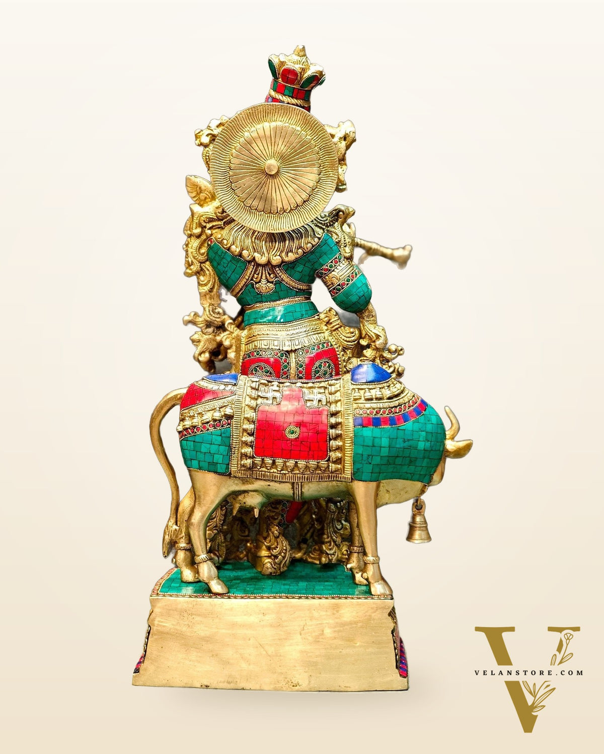 Lord Krishna with Cow Brass Idol - Meenakari Adornments, 26.5" Tall, 26kg