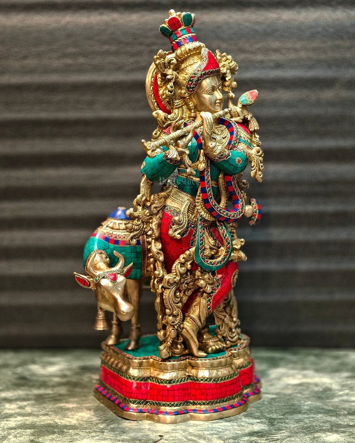 Lord Krishna with Cow Brass Idol - Meenakari Adornments, 26.5" Tall, 26kg