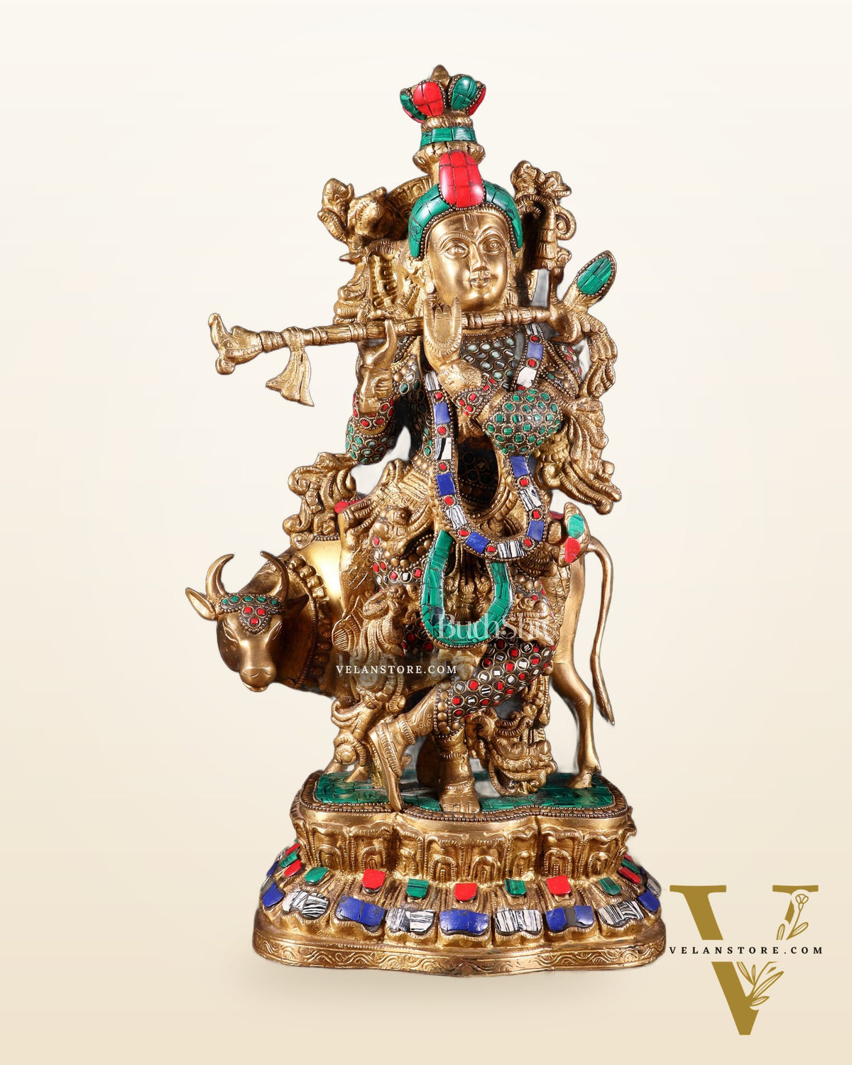 Lord Krishna with Cow Brass Statue - 17" Exquisite Sculpture