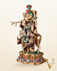 Lord Krishna with Cow Brass Statue - 17" Exquisite Sculpture