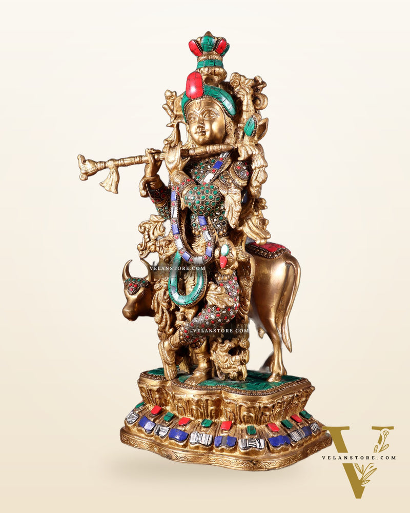 Lord Krishna with Cow Brass Statue - 17" Exquisite Sculpture
