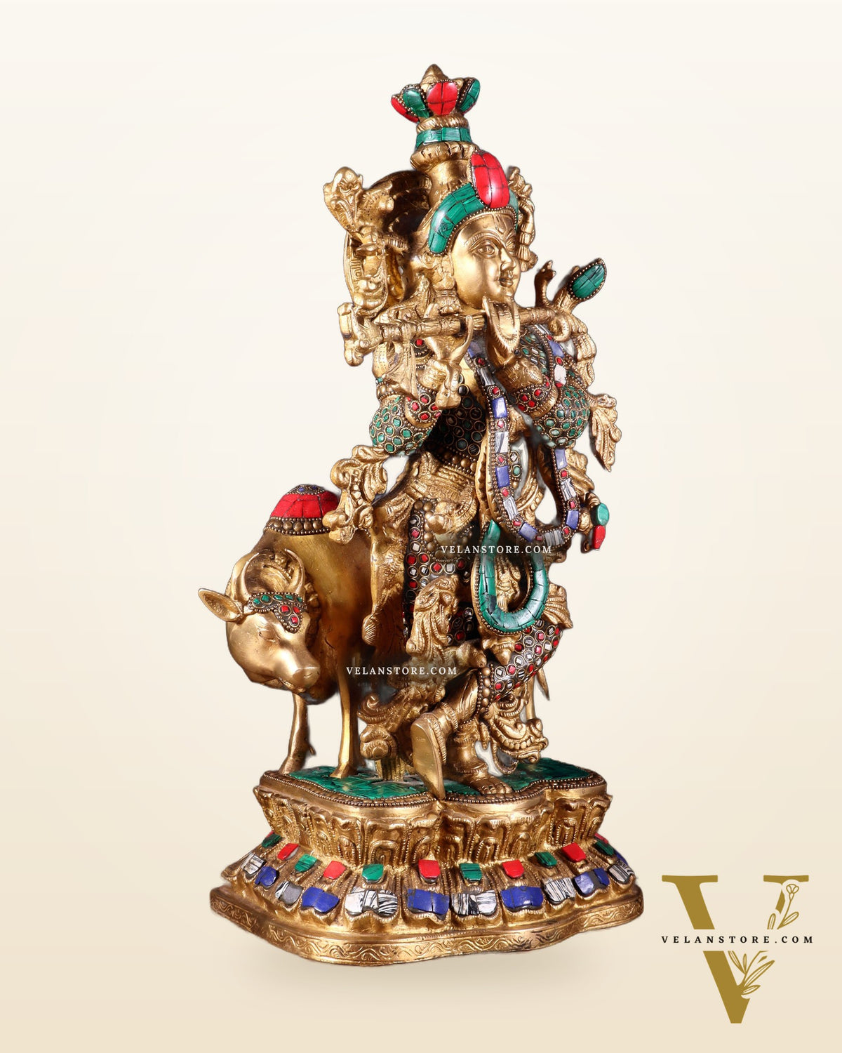 Lord Krishna with Cow Brass Statue - 17" Exquisite Sculpture
