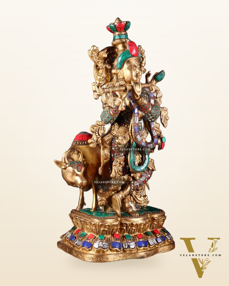 Lord Krishna with Cow Brass Statue - 17" Exquisite Sculpture