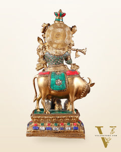 Lord Krishna with Cow Brass Statue - 17" Exquisite Sculpture