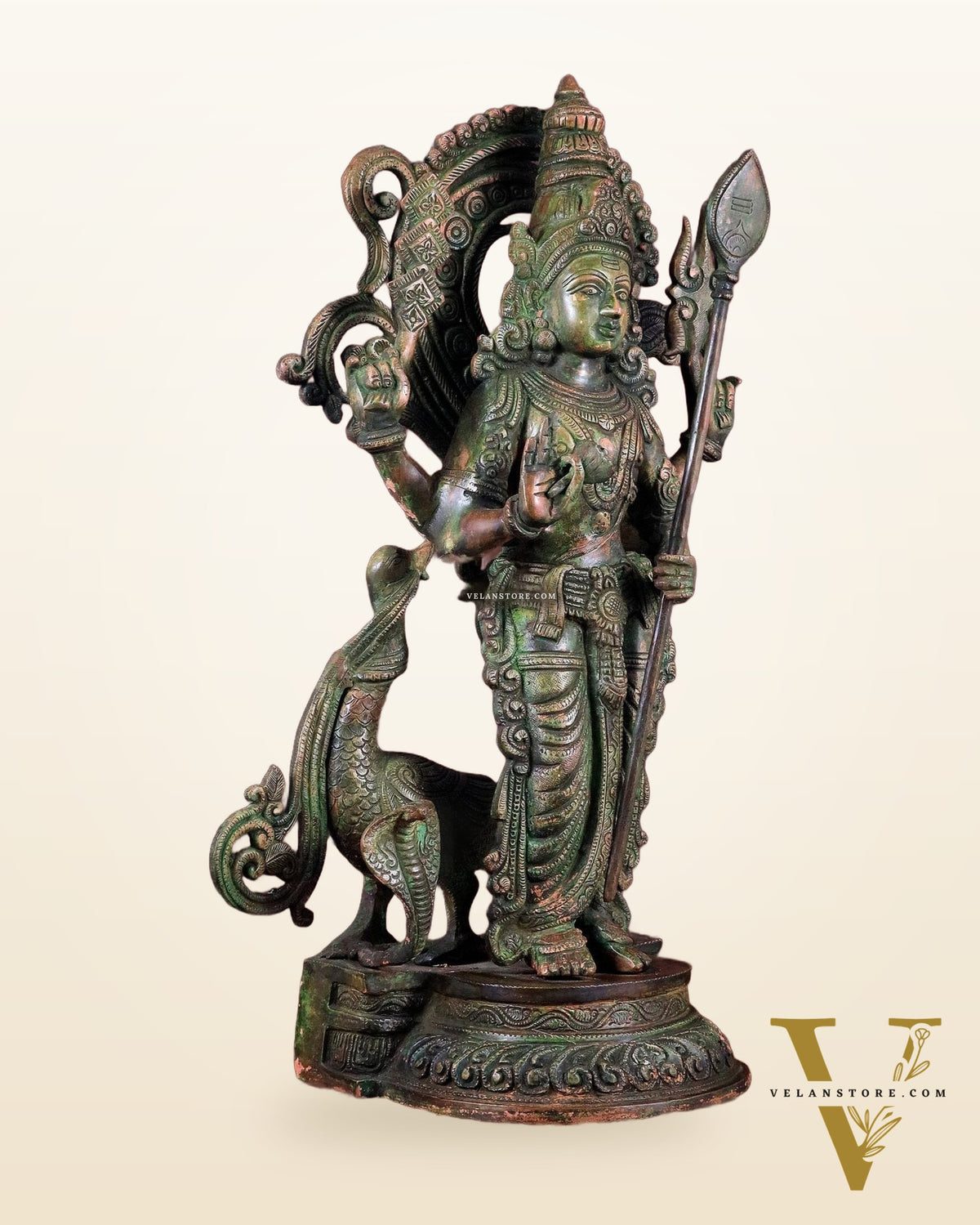 Lord Murugan brass Statue - Handcrafted green patina finish 20 inch