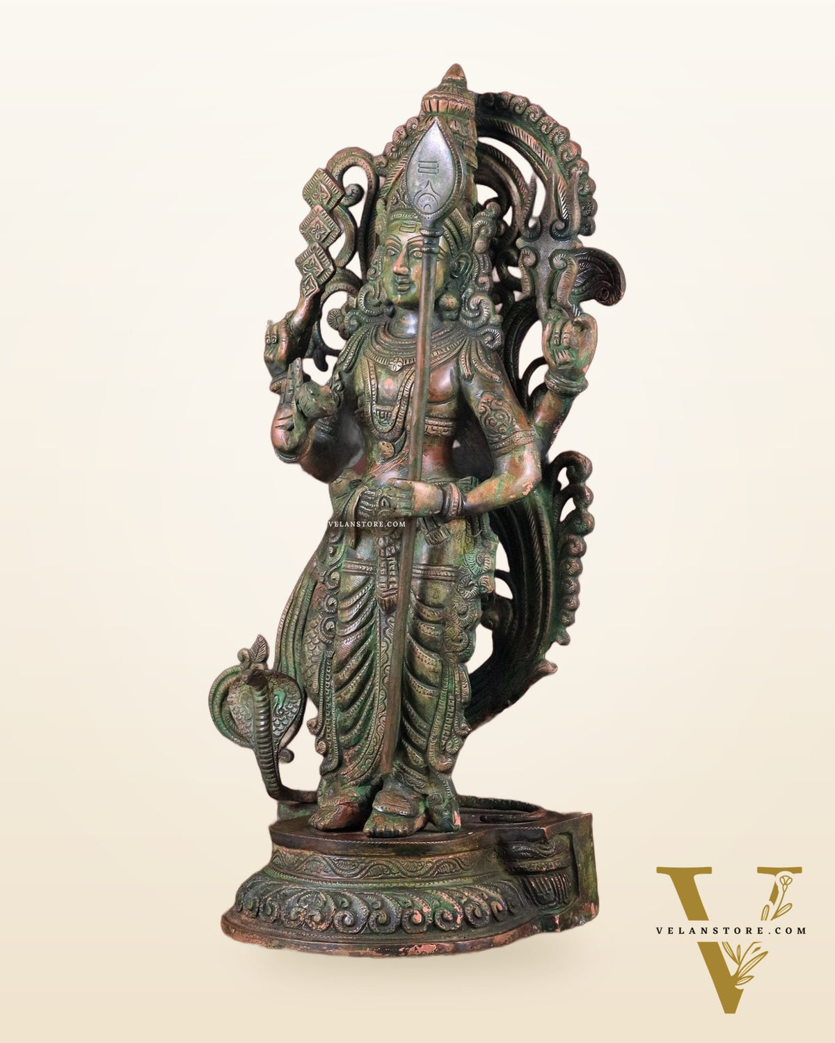 Lord Murugan brass Statue - Handcrafted green patina finish 20 inch
