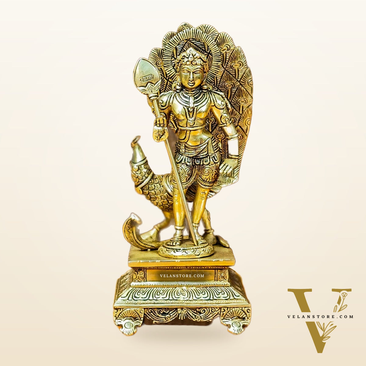Lord Murugan Brass Statue with Peacock and Veil | Height 12 inches