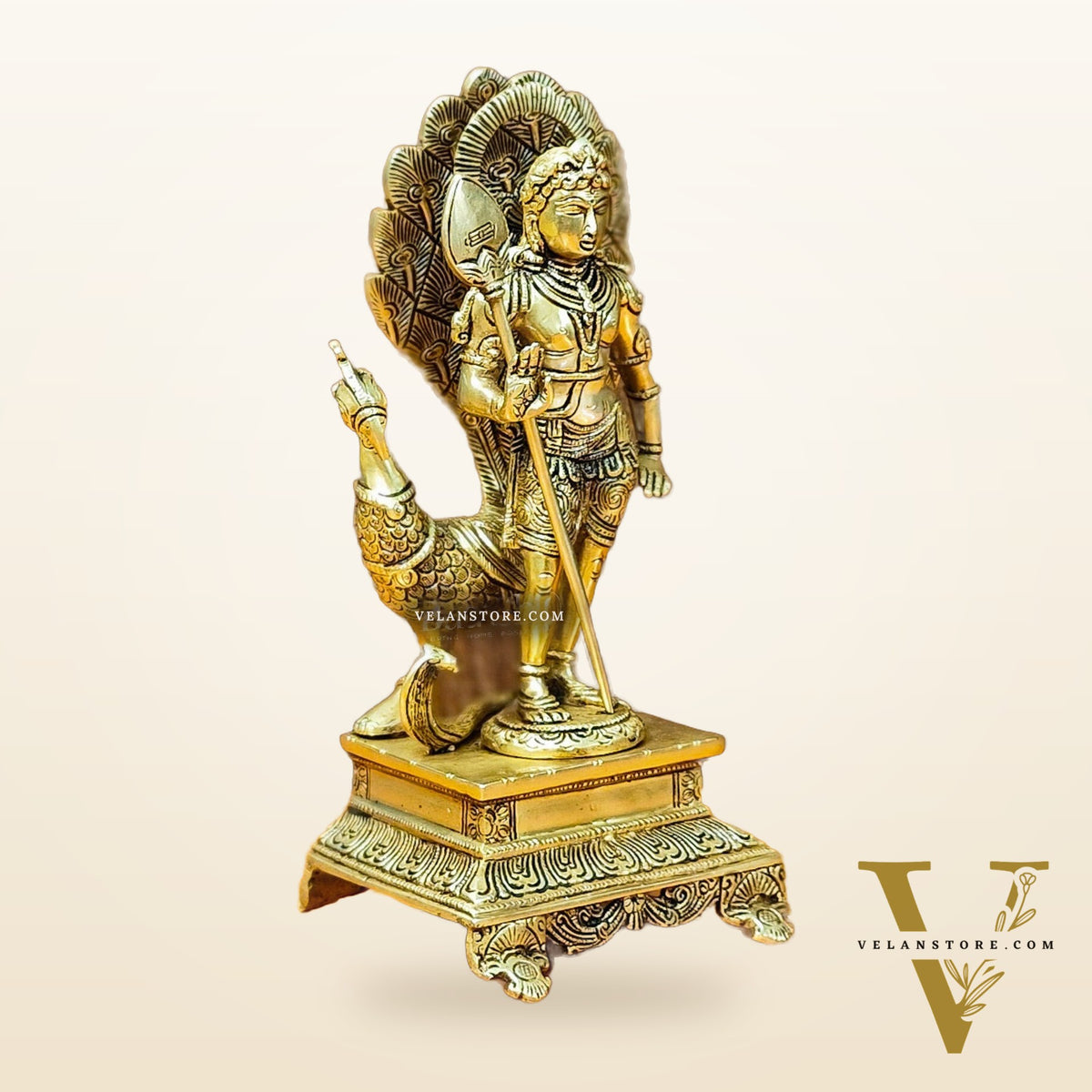 Lord Murugan Brass Statue with Peacock and Veil | Height 12 inches