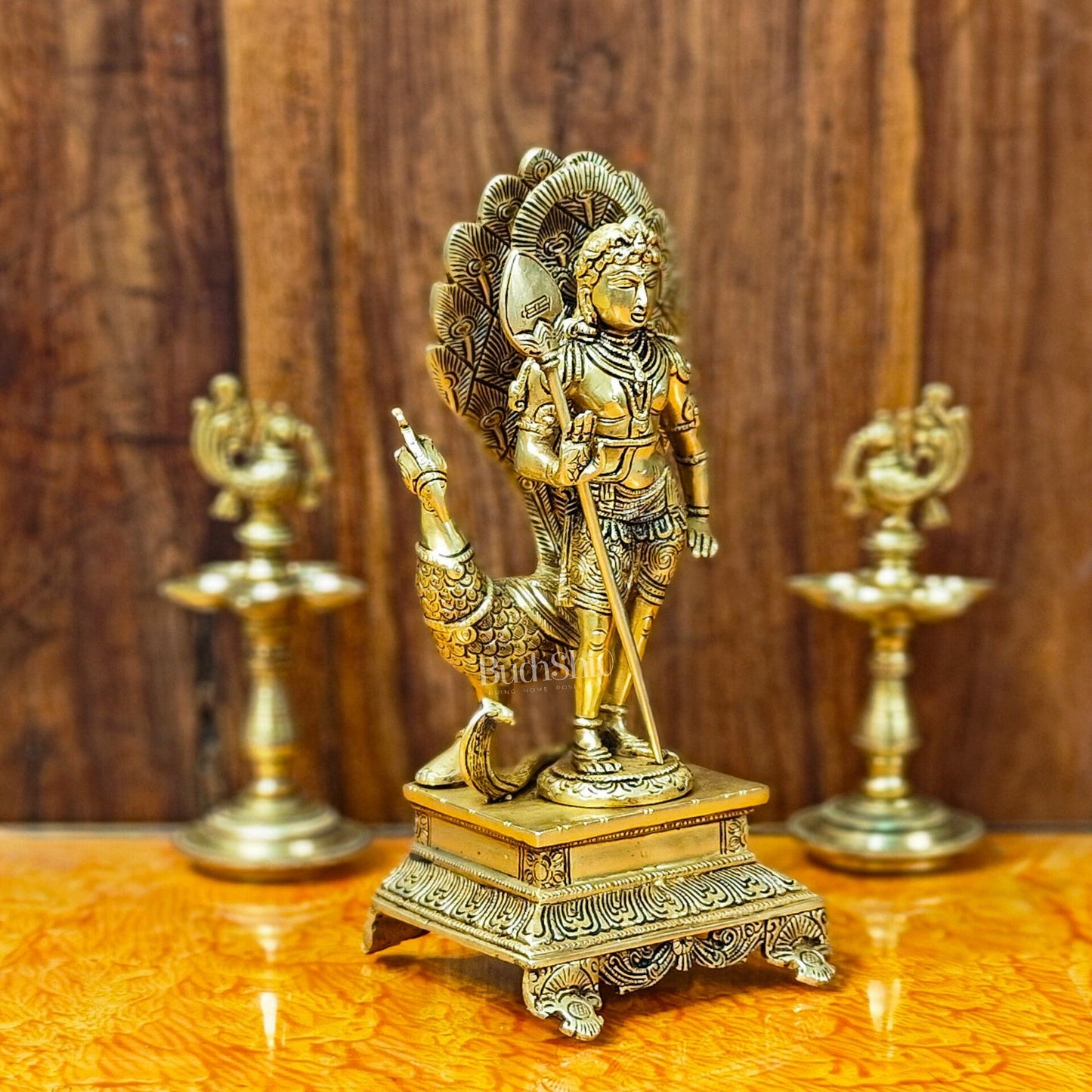 Lord Murugan Brass Statue with Peacock and Veil | Height 12 inches