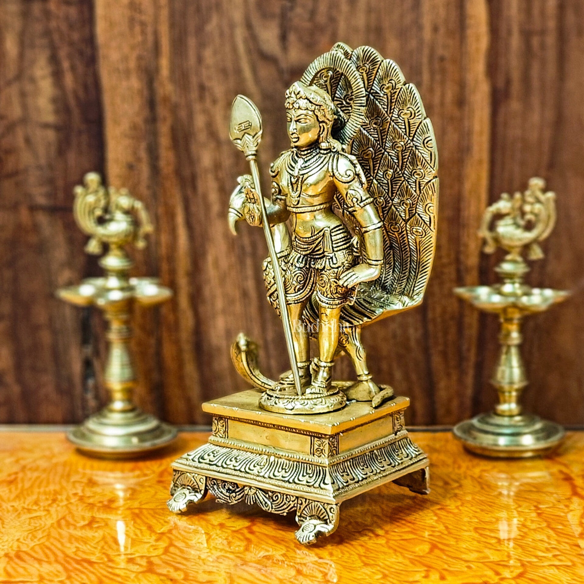 Lord Murugan Brass Statue with Peacock and Veil | Height 12 inches