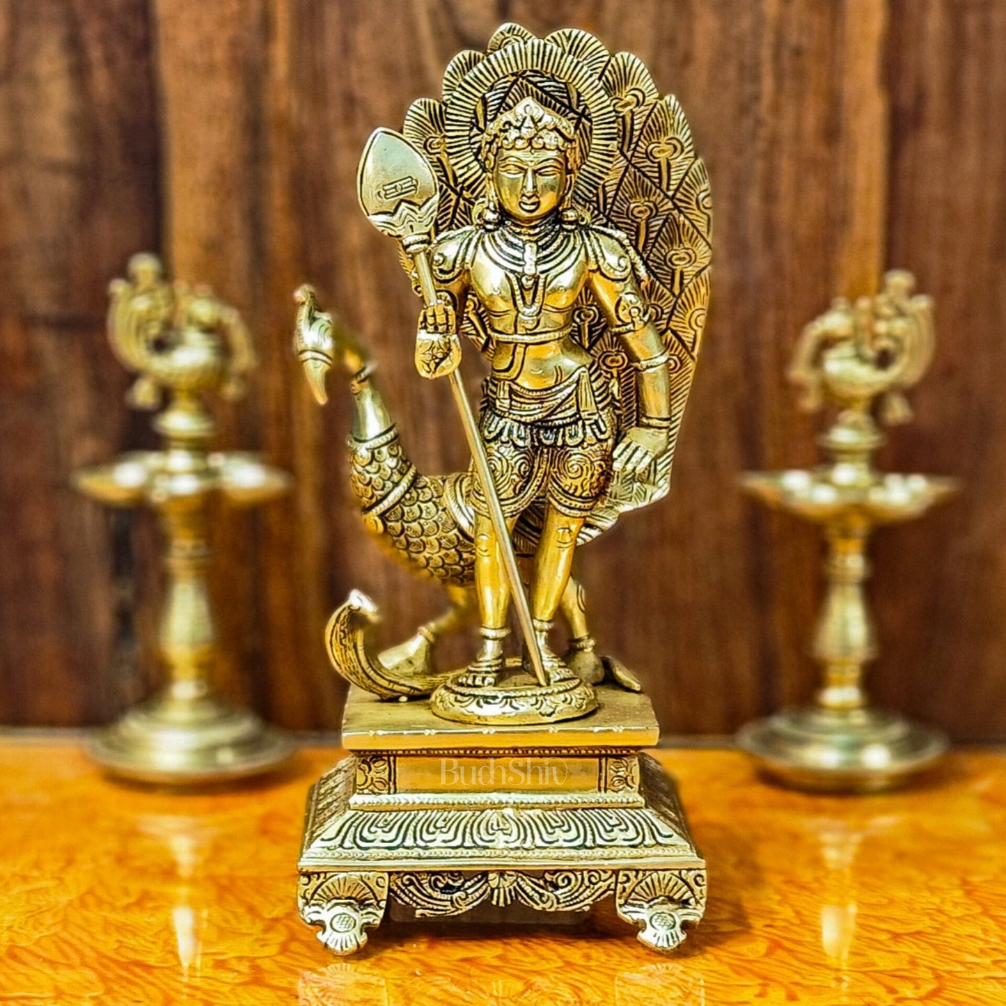 Lord Murugan Brass Statue with Peacock and Veil | Height 12 inches
