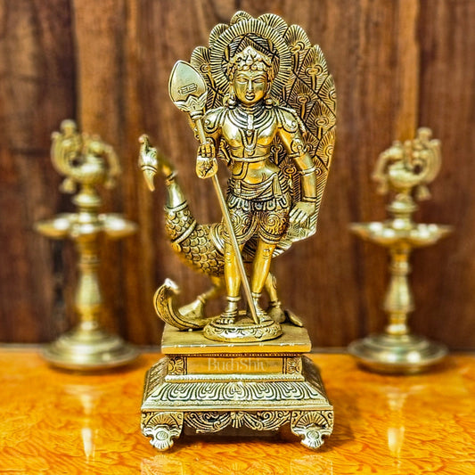 Lord Murugan Brass Statue with Peacock and Veil | Height 12 inches