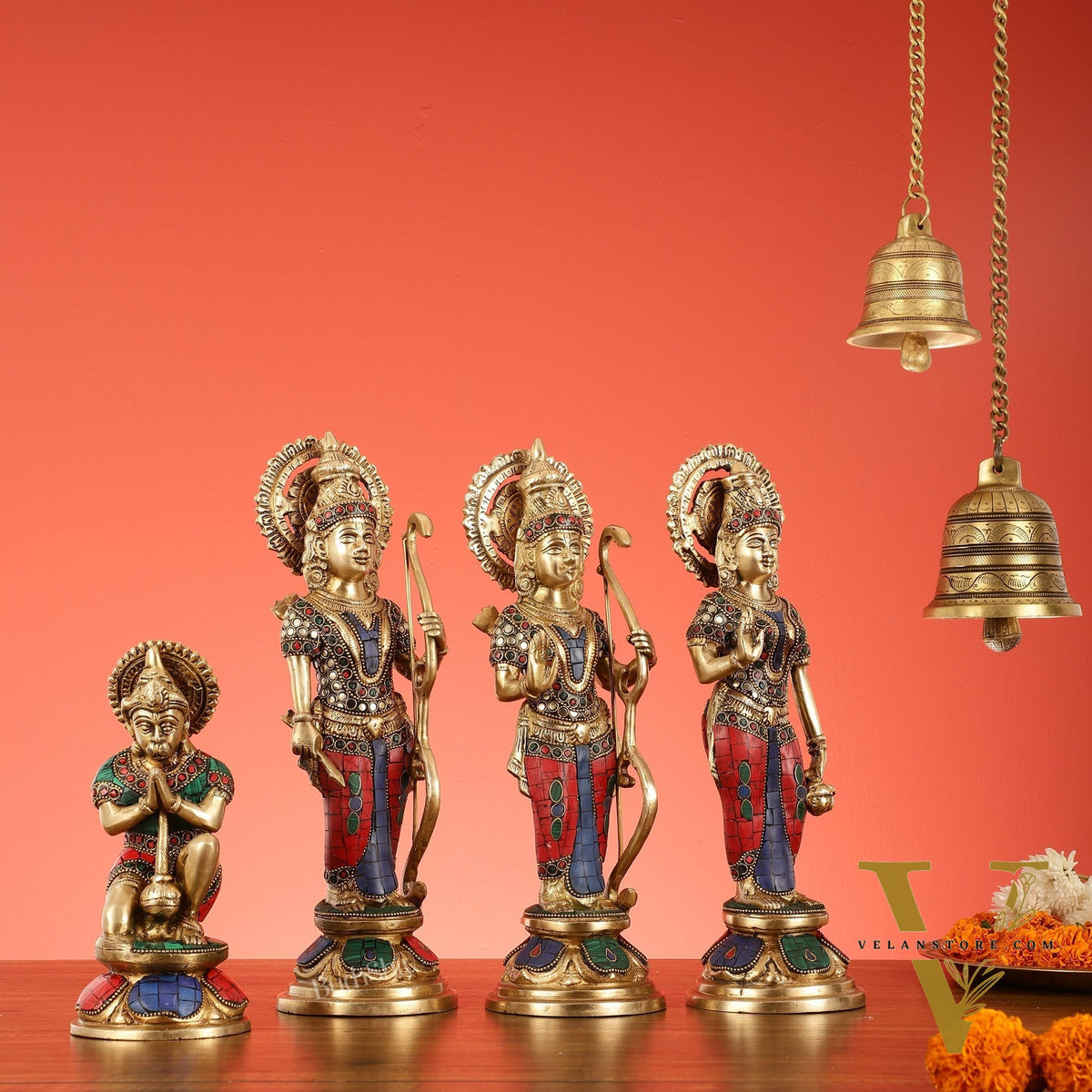 Lord Ram Darbar idols: Superfine Brass Set - 13" stonework