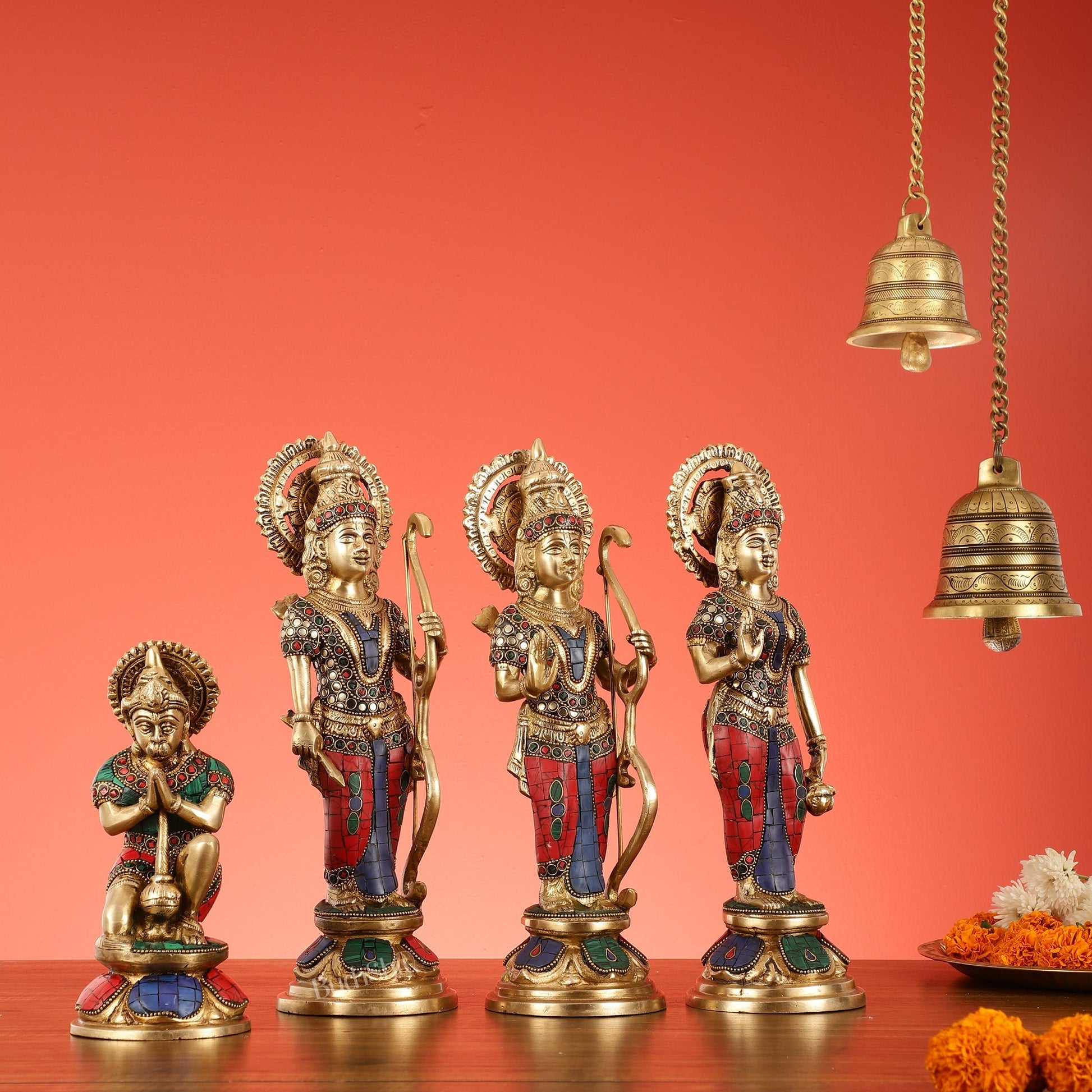 Lord Ram Darbar idols: Superfine Brass Set - 13" stonework