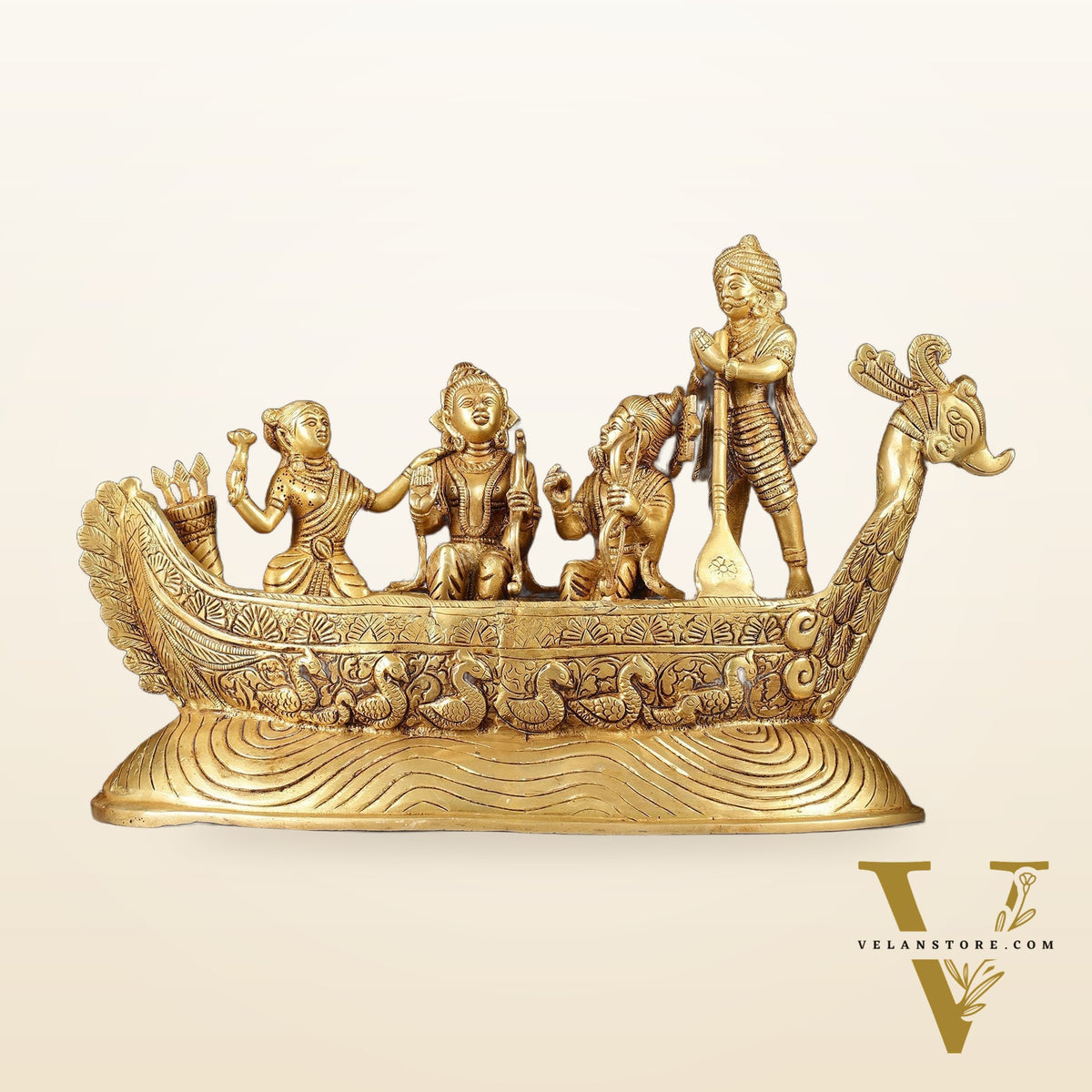 Lord Rama, Sita, and Lakshmana Statue with Kewat on boat brass statue