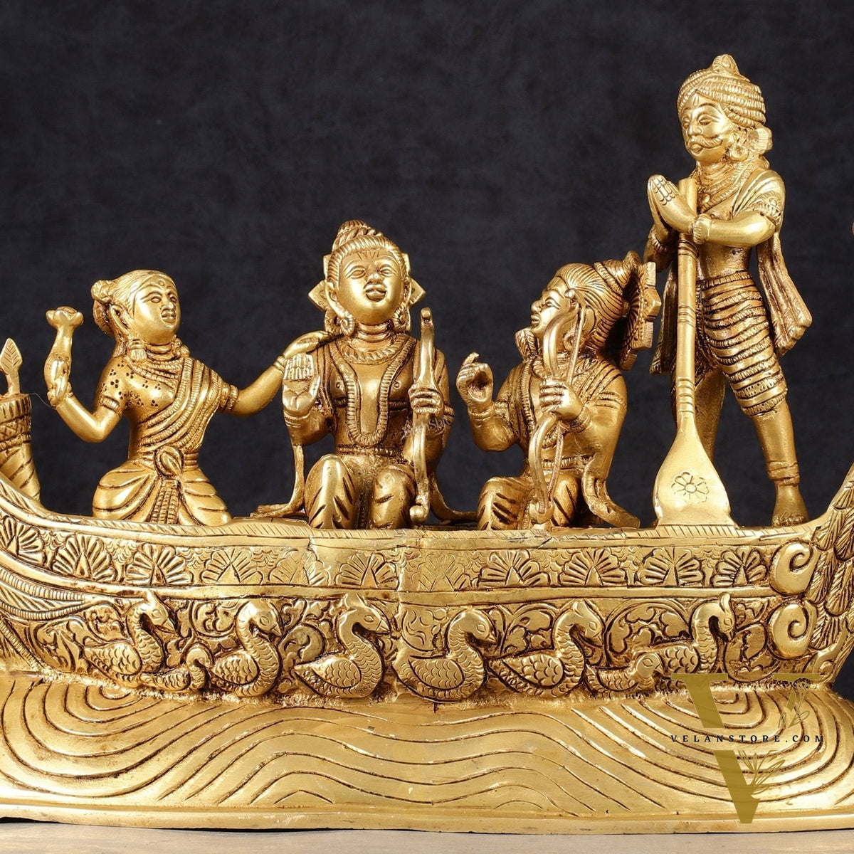 Lord Rama, Sita, and Lakshmana Statue with Kewat on boat brass statue