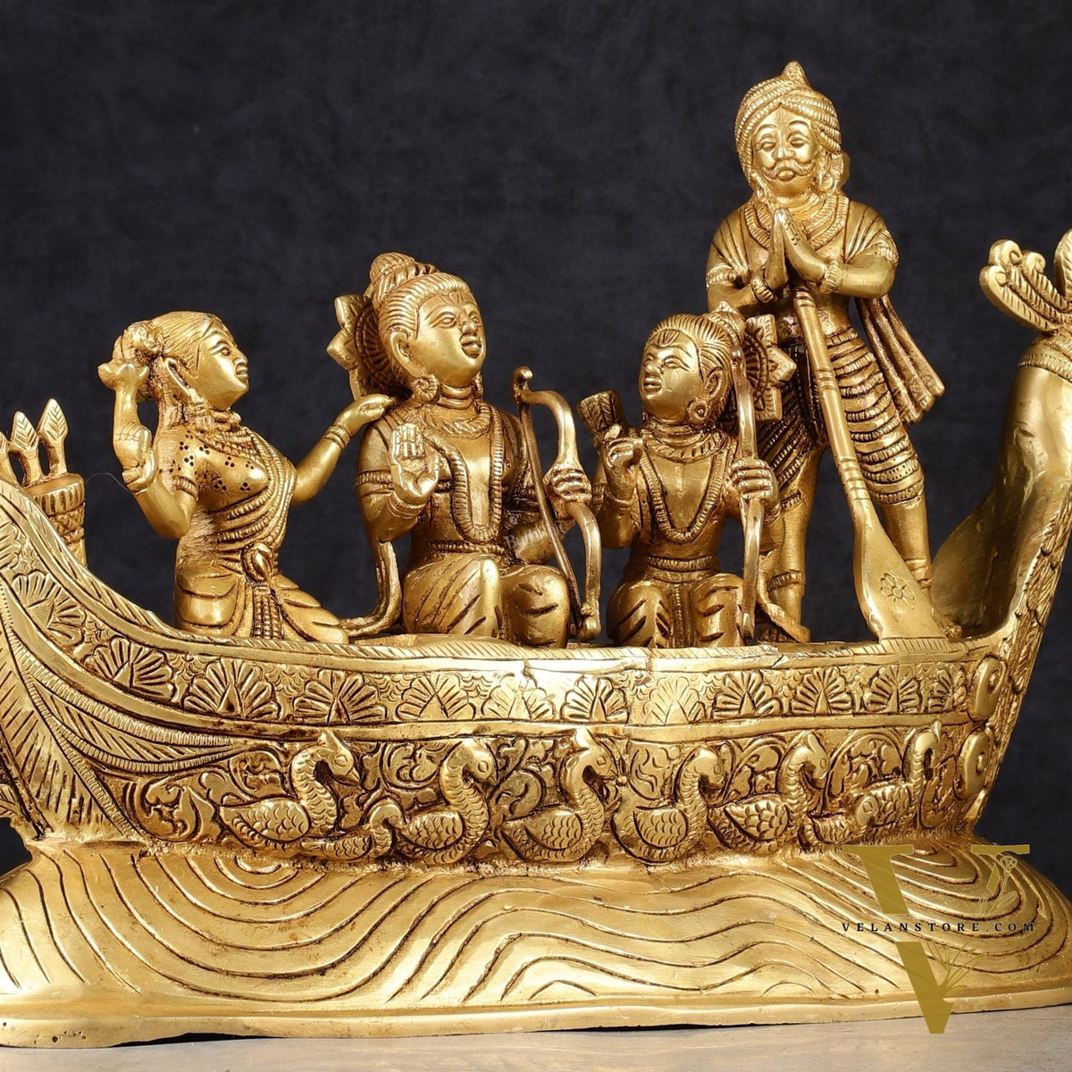 Lord Rama, Sita, and Lakshmana Statue with Kewat on boat brass statue