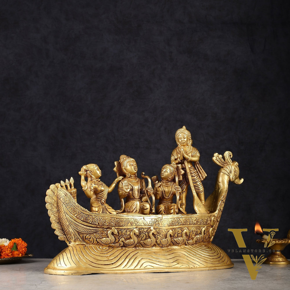 Lord Rama, Sita, and Lakshmana Statue with Kewat on boat brass statue