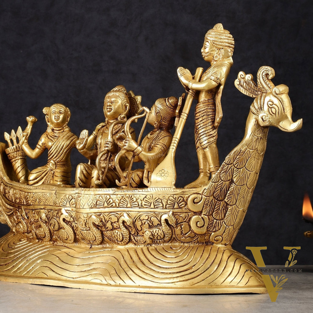 Lord Rama, Sita, and Lakshmana Statue with Kewat on boat brass statue