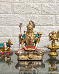 Lord Shiva brass idol in aashirwaad posture with inlay stonework