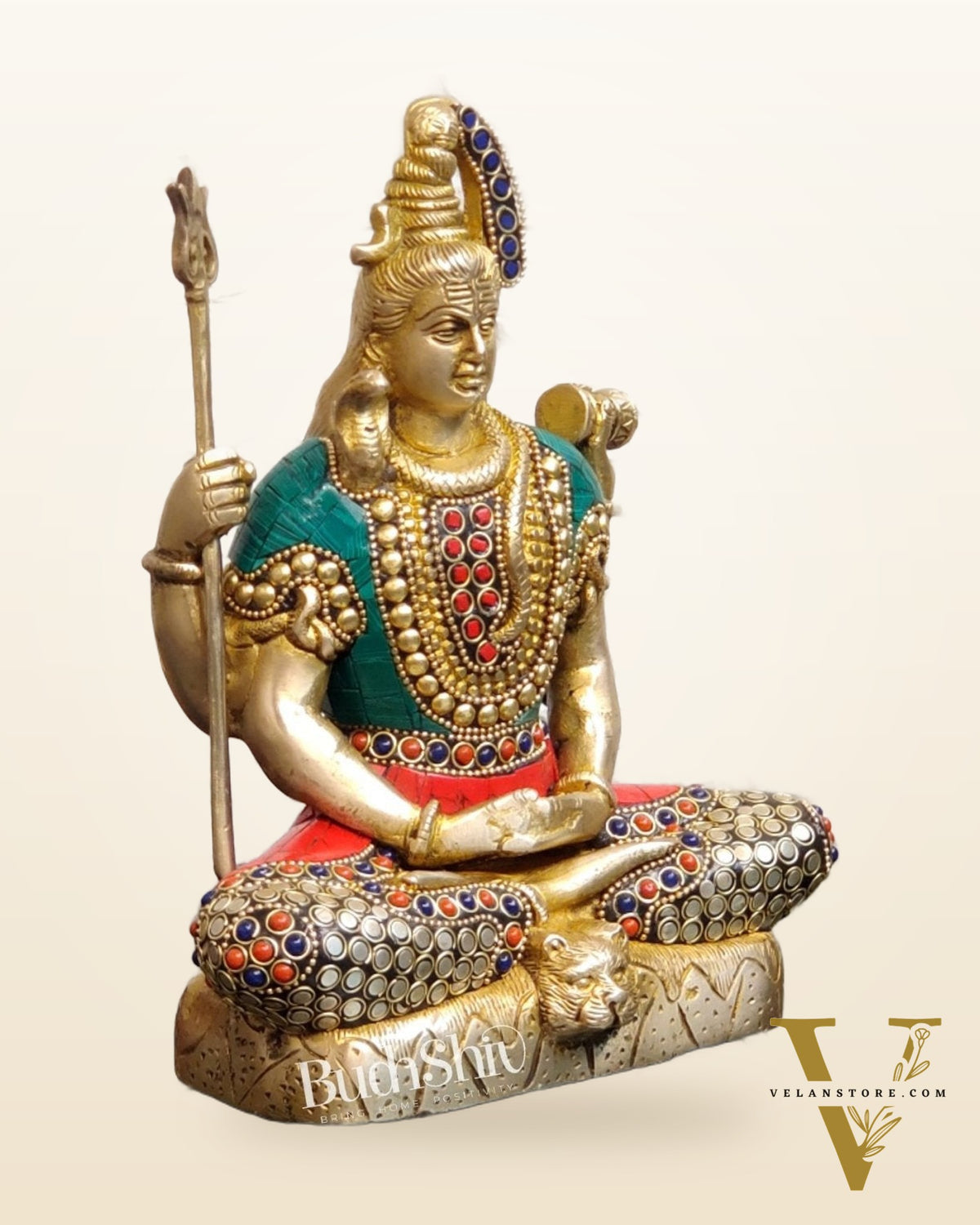 Lord Shiva brass idol in aashirwaad posture with inlay stonework