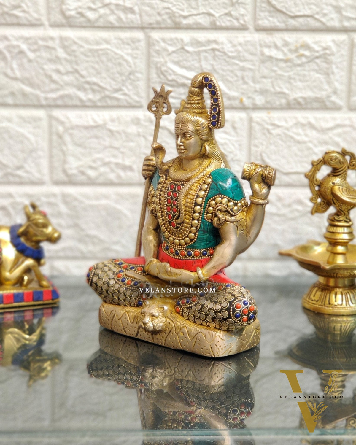 Lord Shiva brass idol in aashirwaad posture with inlay stonework
