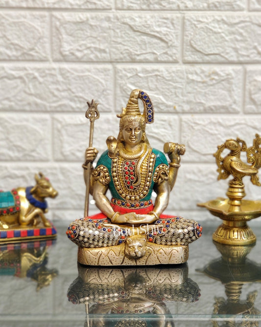 Lord Shiva brass idol in aashirwaad posture with inlay stonework