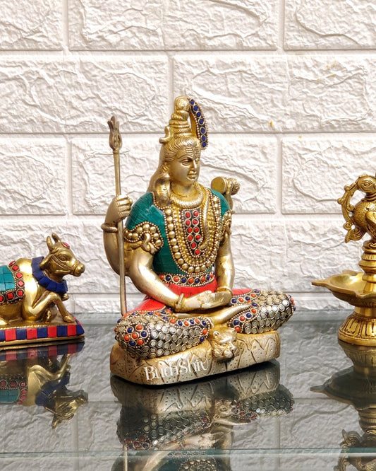 Lord Shiva brass idol in aashirwaad posture with inlay stonework